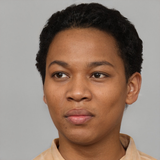 Neutral black young-adult female with short  black hair and brown eyes