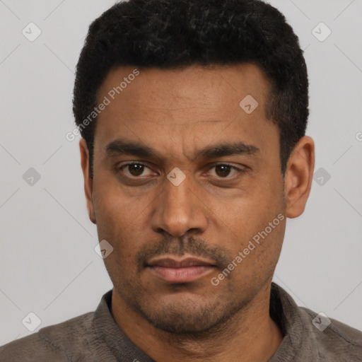 Neutral latino adult male with short  black hair and brown eyes