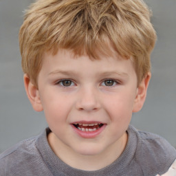 Joyful white child male with short  brown hair and grey eyes