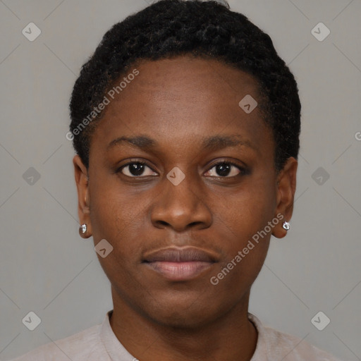 Neutral black young-adult female with short  black hair and brown eyes