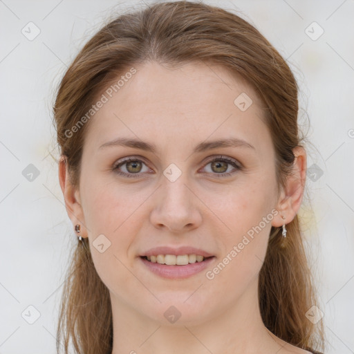 Joyful white young-adult female with medium  brown hair and blue eyes