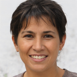 Joyful white adult female with short  brown hair and brown eyes