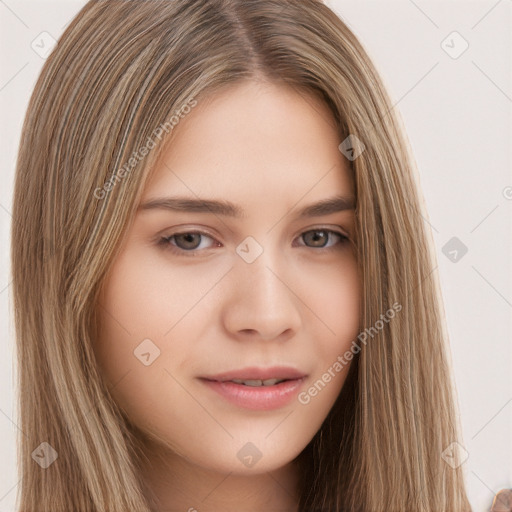 Neutral white young-adult female with long  brown hair and brown eyes