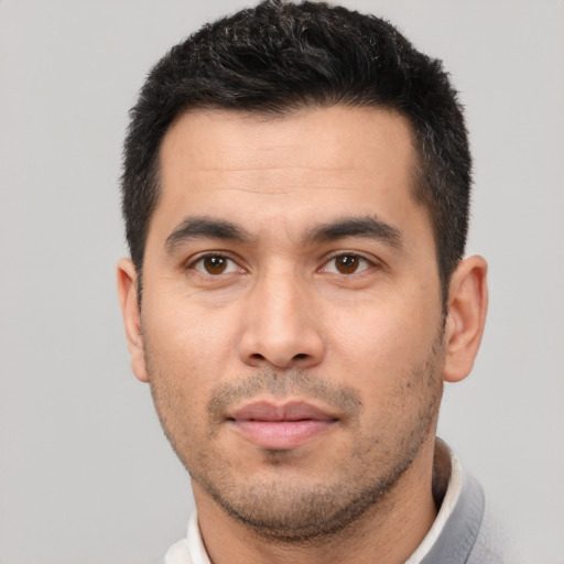 Neutral asian young-adult male with short  black hair and brown eyes