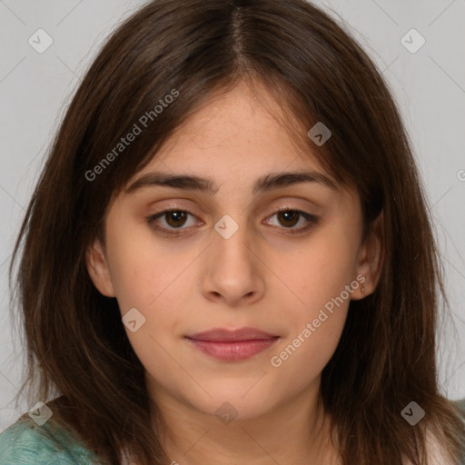 Neutral white young-adult female with medium  brown hair and brown eyes