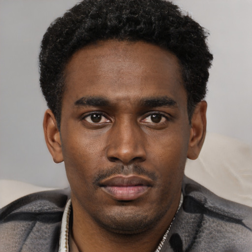 Neutral black young-adult male with short  black hair and brown eyes