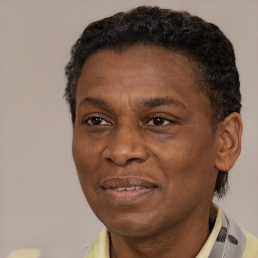 Joyful black adult male with short  brown hair and brown eyes
