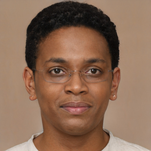 Joyful black young-adult male with short  brown hair and brown eyes