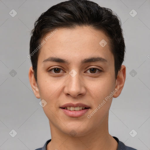 Joyful white young-adult female with short  brown hair and brown eyes