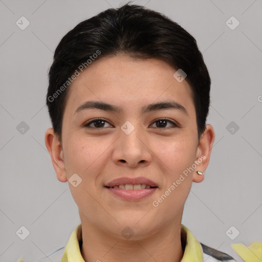 Joyful asian young-adult female with short  brown hair and brown eyes