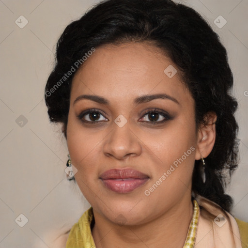 Joyful latino young-adult female with long  brown hair and brown eyes