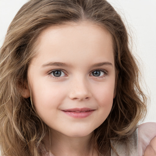 Joyful white child female with long  brown hair and brown eyes