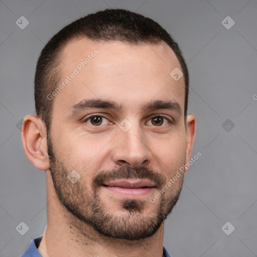 Neutral white young-adult male with short  brown hair and brown eyes