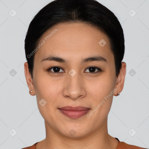 Joyful white young-adult female with short  brown hair and brown eyes