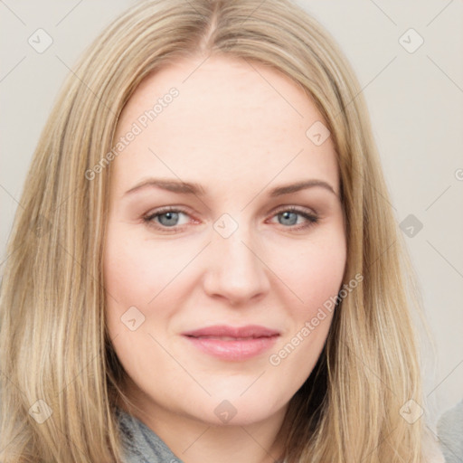 Joyful white young-adult female with long  brown hair and blue eyes