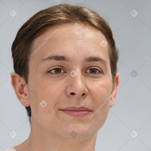 Joyful white young-adult female with short  brown hair and brown eyes