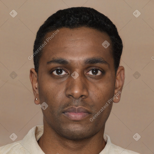 Neutral black young-adult male with short  black hair and brown eyes