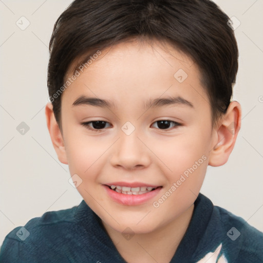 Joyful white child female with short  brown hair and brown eyes