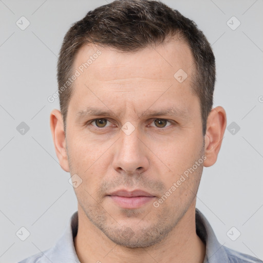 Neutral white adult male with short  brown hair and brown eyes