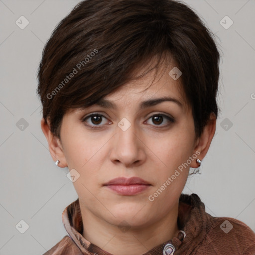 Neutral white young-adult female with medium  brown hair and brown eyes