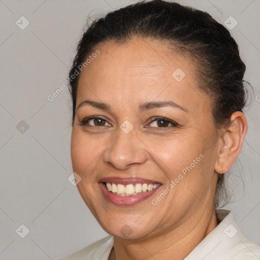 Joyful white adult female with short  brown hair and brown eyes