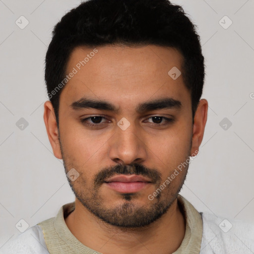 Neutral latino young-adult male with short  black hair and brown eyes