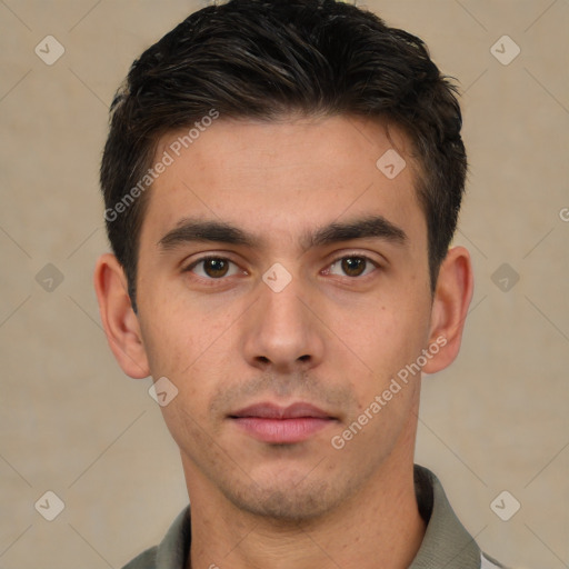 Neutral white young-adult male with short  brown hair and brown eyes