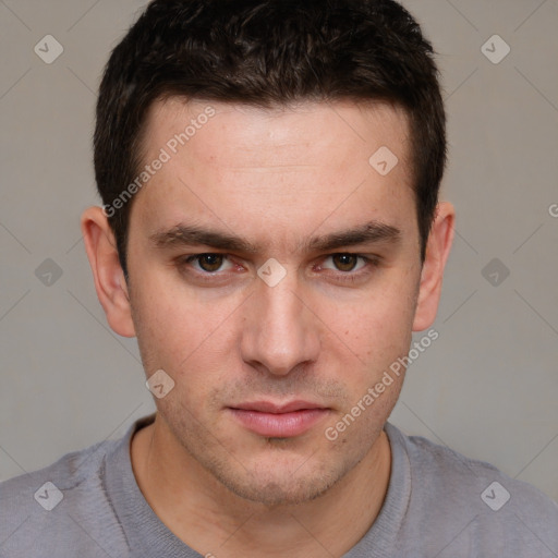 Neutral white young-adult male with short  brown hair and grey eyes