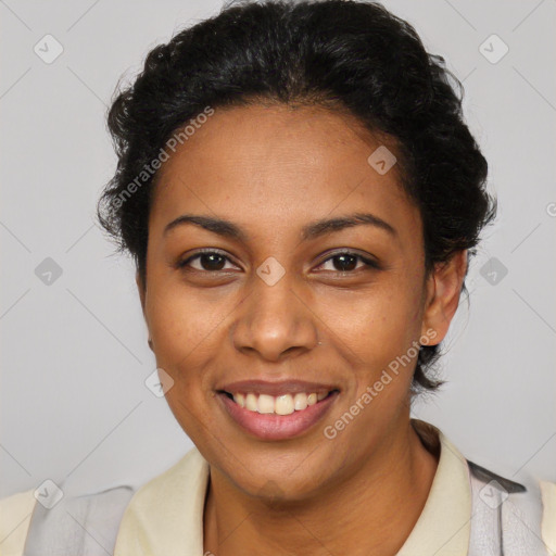 Joyful latino young-adult female with short  brown hair and brown eyes