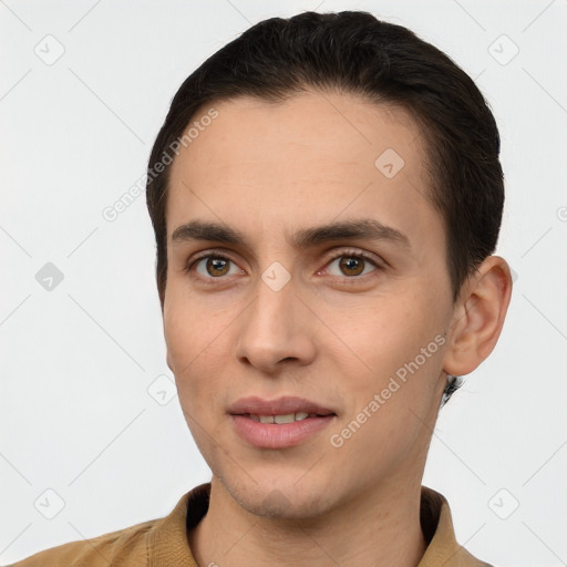 Joyful white young-adult male with short  brown hair and brown eyes