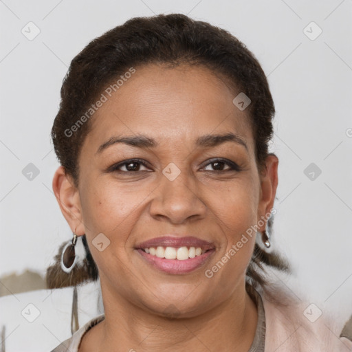 Joyful latino young-adult female with short  brown hair and brown eyes