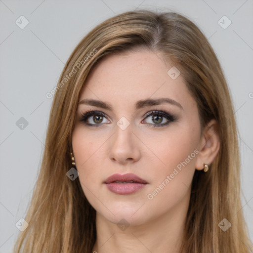 Neutral white young-adult female with long  brown hair and brown eyes