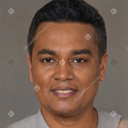 Joyful latino adult male with short  black hair and brown eyes