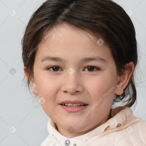 Joyful white child female with medium  brown hair and brown eyes