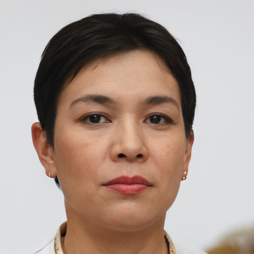 Neutral asian young-adult female with short  brown hair and brown eyes