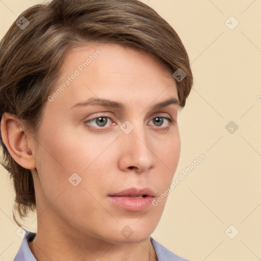 Neutral white young-adult female with short  brown hair and brown eyes