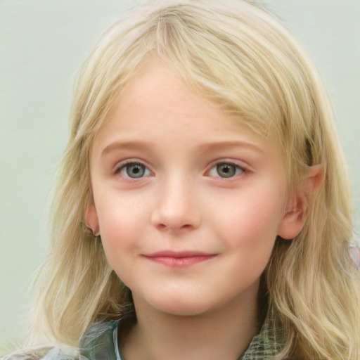 Joyful white child female with medium  blond hair and blue eyes