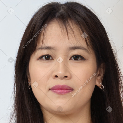 Neutral asian young-adult female with long  brown hair and brown eyes