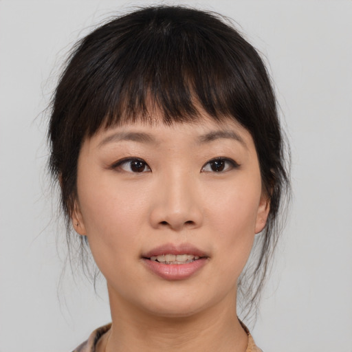 Neutral asian young-adult female with medium  brown hair and brown eyes