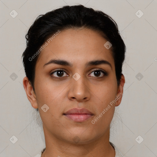 Neutral latino young-adult female with short  brown hair and brown eyes