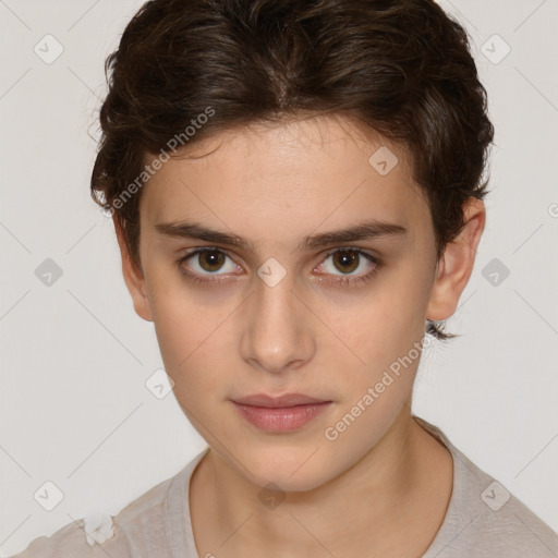 Neutral white young-adult female with short  brown hair and brown eyes