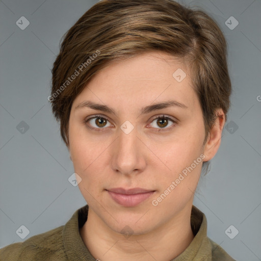 Neutral white young-adult female with short  brown hair and grey eyes