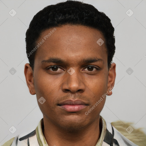 Neutral black young-adult male with short  black hair and brown eyes