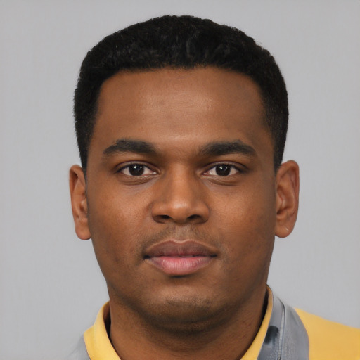 Neutral black young-adult male with short  black hair and brown eyes