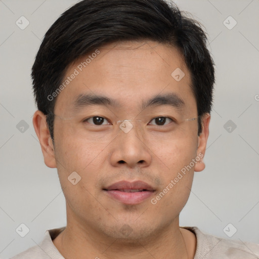 Neutral asian young-adult male with short  brown hair and brown eyes