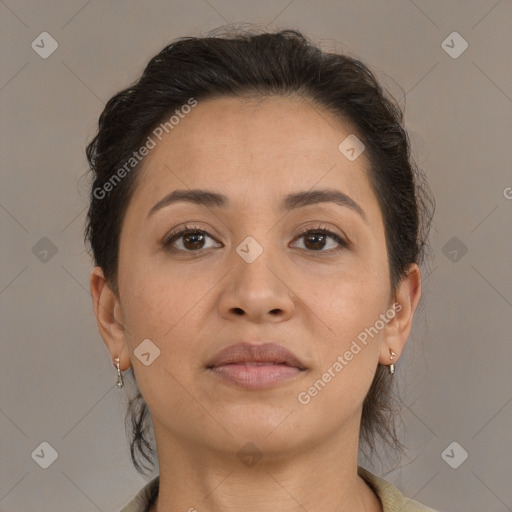 Neutral white adult female with medium  brown hair and brown eyes