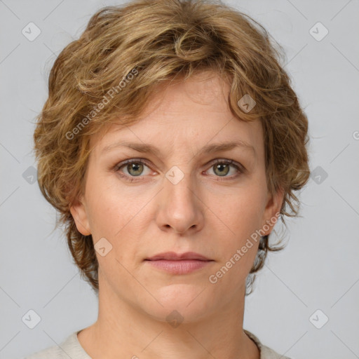 Neutral white young-adult female with medium  brown hair and green eyes