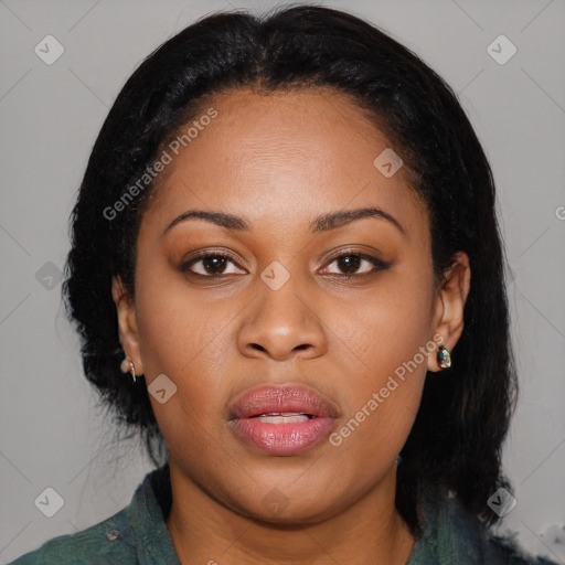 Joyful black young-adult female with medium  brown hair and brown eyes