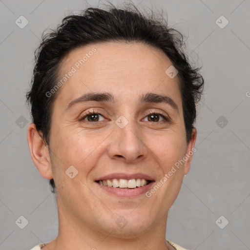 Joyful white adult female with short  brown hair and brown eyes