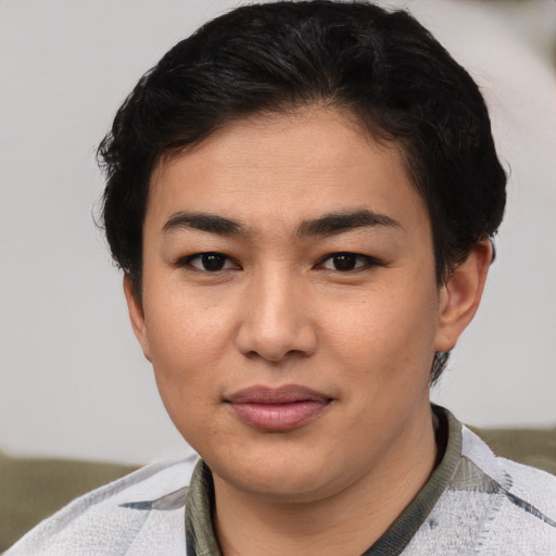 Joyful asian young-adult female with short  brown hair and brown eyes
